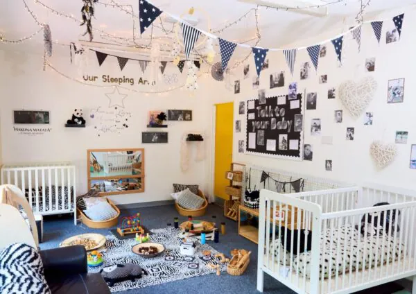 Black-and-white themed sleeping area at Tiddlywinks Nursery Ancoats